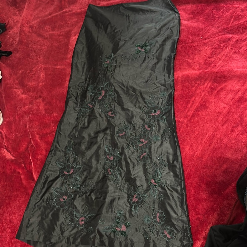 Long skirt, maxi skirt, black skirt with beads, flower patterned skirt.